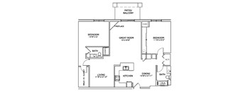A floor plan of a house with a living room, two bedrooms, a great room, a patio, a walk-in closet, a kitchen, a dining room, and a bathroom.