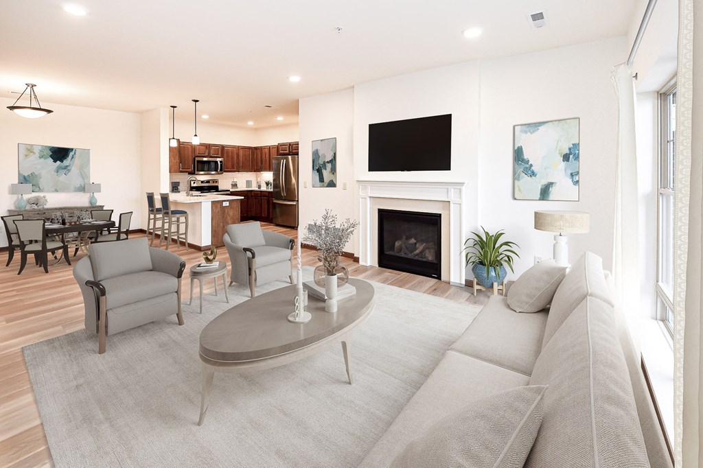 a living room with a fireplace and a couch