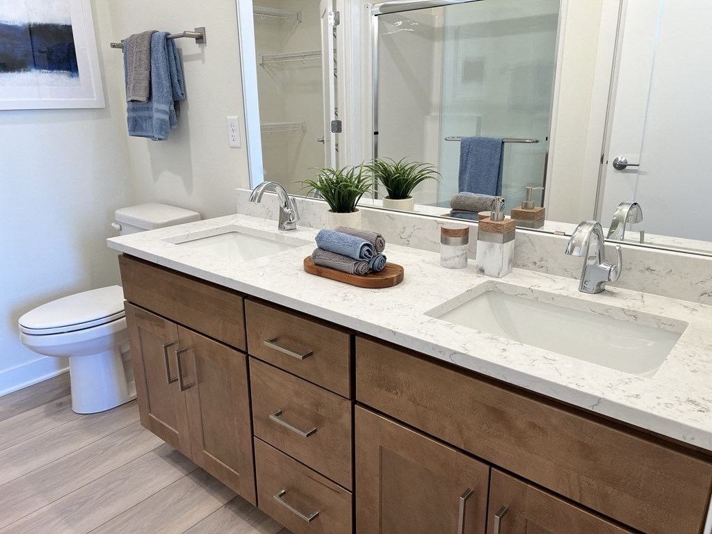 a bathroom with two sinks and a toilet