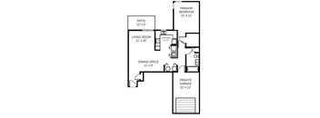 A black and white image of a floor plan for a house with a living room, dining space, kitchen, and private garage.