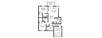 A black and white image of a house floor plan with a balcony, living room, dining space, kitchen, bedrooms, den, and a private garage.
