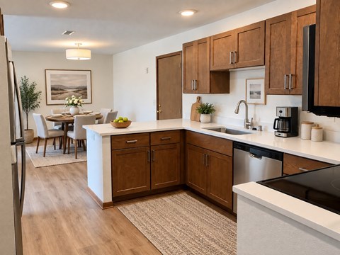A kitchen with wooden cabinets and a white countertop.