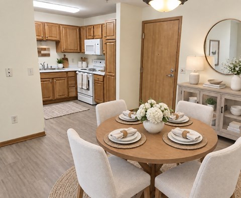 A dining room with a table set for four.