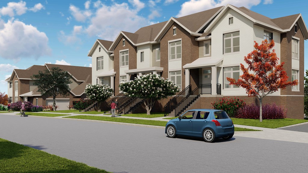 a blue car parked in front of a row of houses