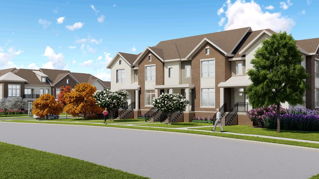 a rendering of a row of townhouses on a street