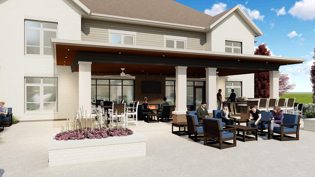 a rendering of a patio with people sitting at tables