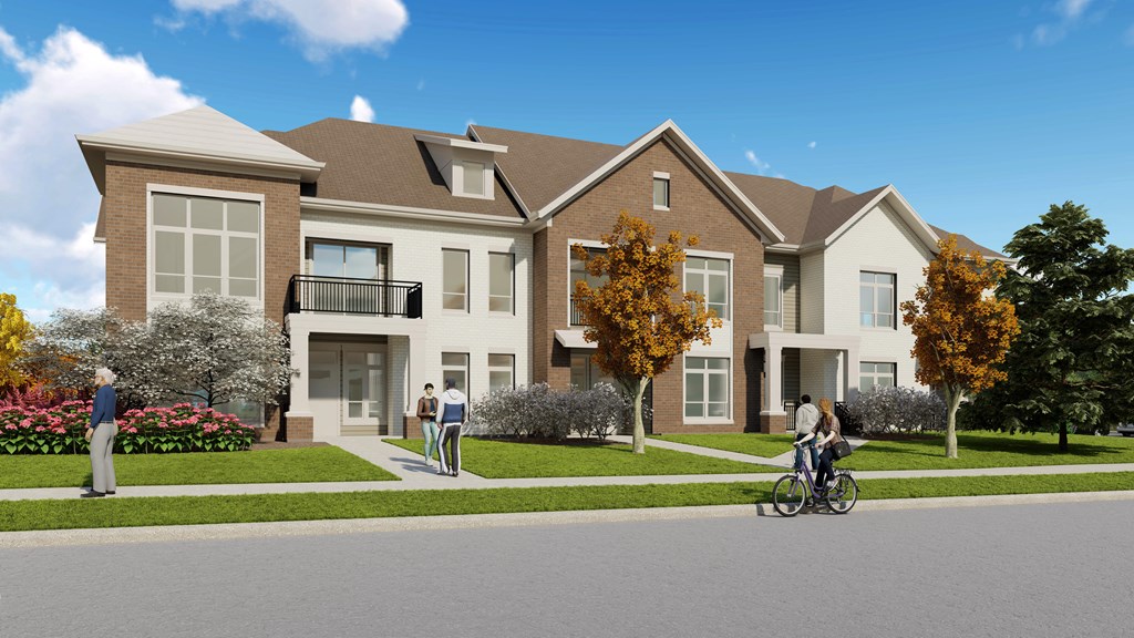 a rendering of a row of townhouses on a street with people walking and cycling