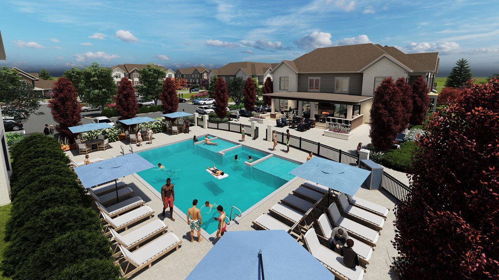 an aerial view of a swimming pool with people in it