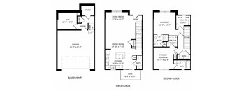 three floor plan of a house with three bedrooms and a garage
