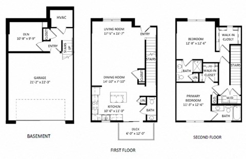 three floor plan of a house with three bedrooms and a garage