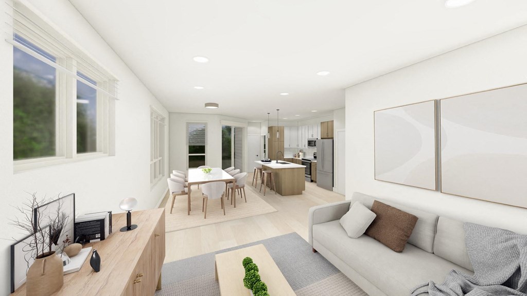 a rendering of a living room and dining room in a house