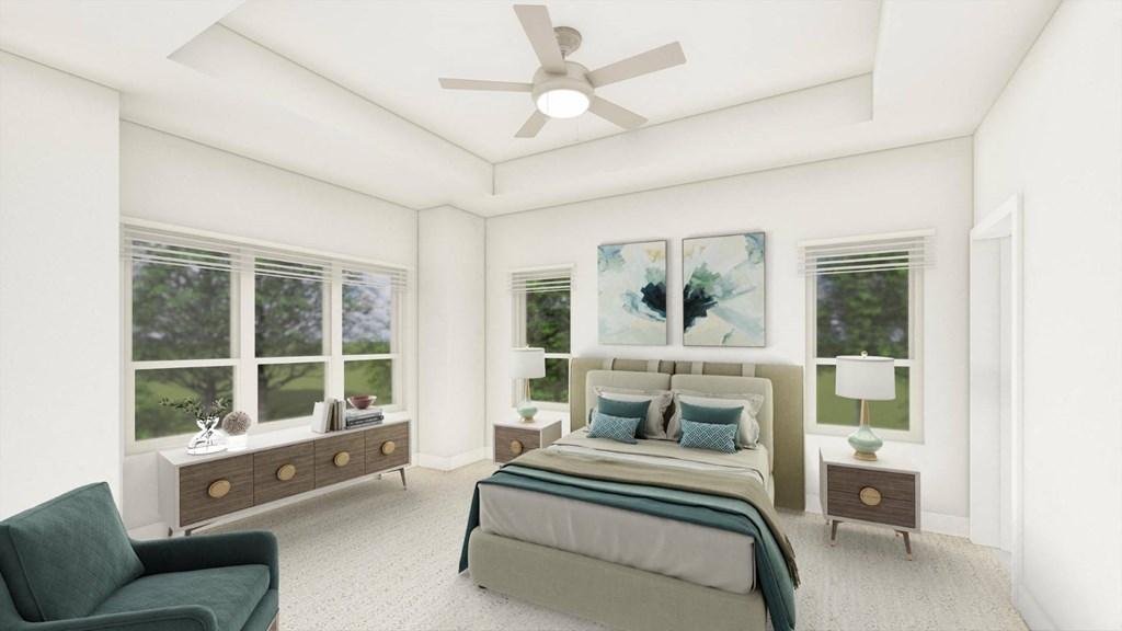 a bedroom with a bed and a ceiling fan
