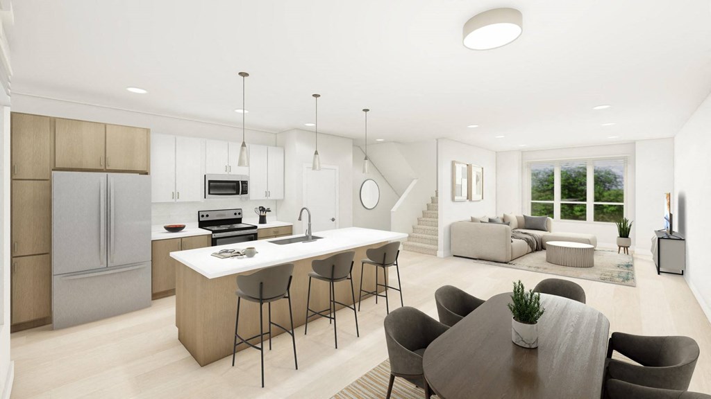 a rendering of a kitchen and living room in an apartment