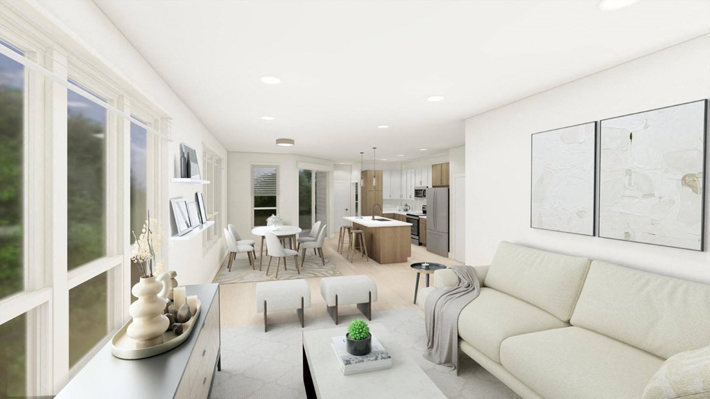 a rendering of a living room and dining room in a house