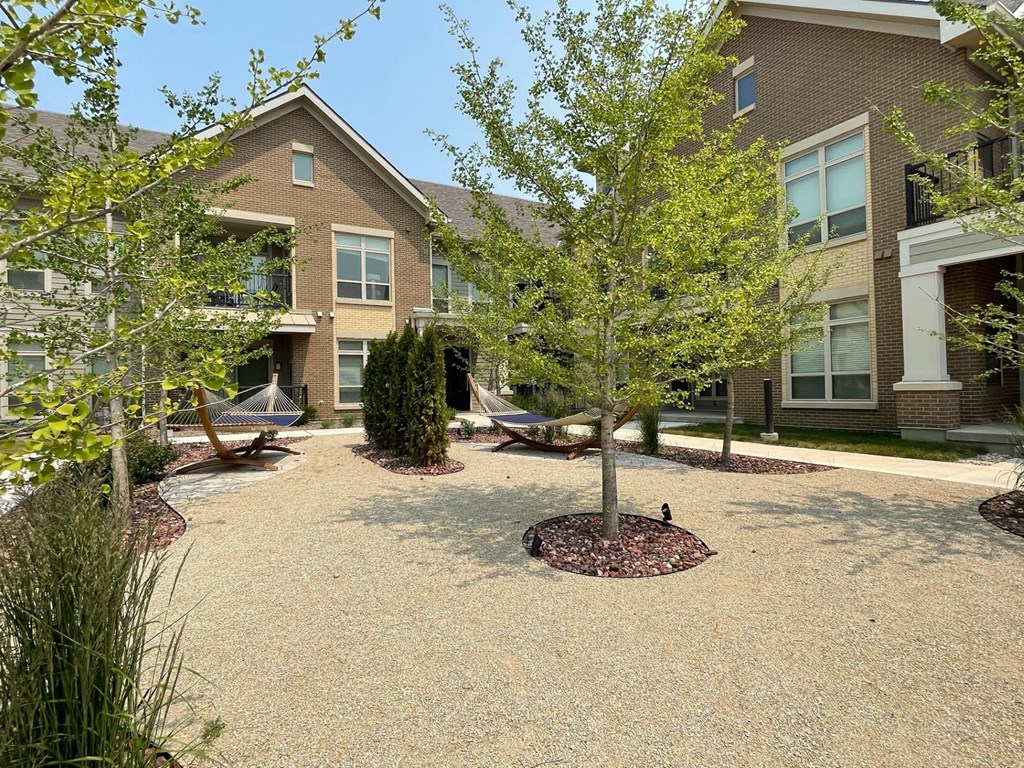 a courtyard with a tree and hammocks in front of a brick building