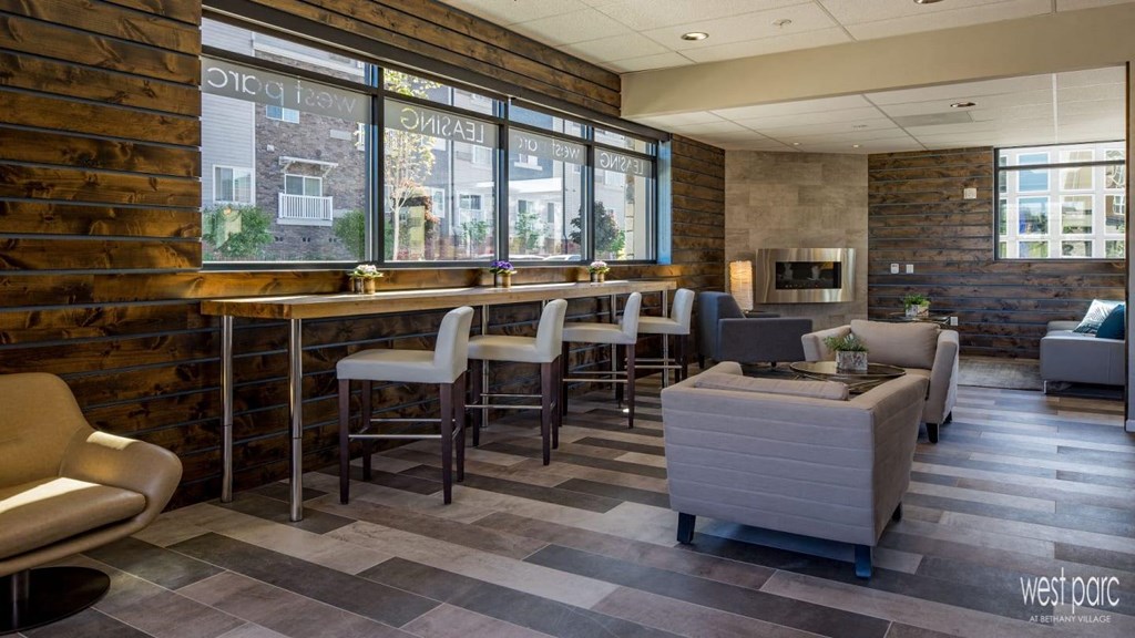 west parc apartments near portland and beaverton. Community seating and space by leasing office.