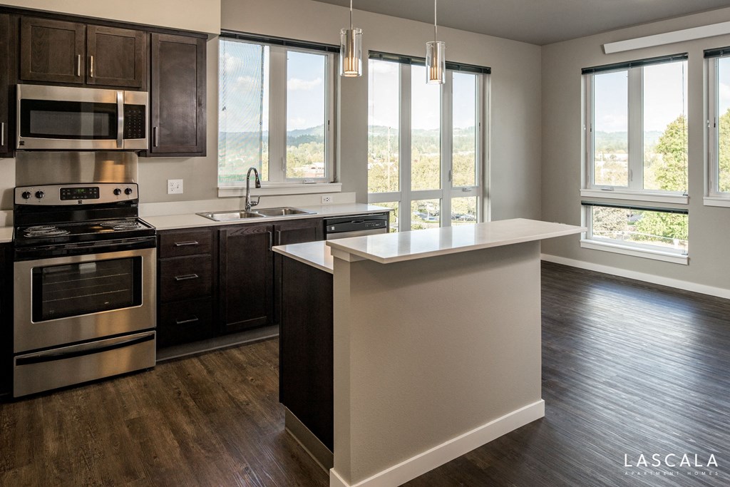 Kitchen island at LaScala Apartments in Beaverton, Oregon