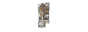 A top-down view of a apartment layout with a kitchen, living room, and bedrooms. Apartments in Bethany Oregon.