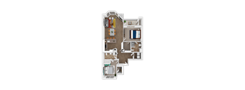 A floor plan of a apartment in Bethany showing a kitchen, living room, dining room, and bedrooms.