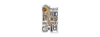 A floor plan of apartment in Bethany with a kitchen, living room, bedrooms, and a garage.