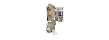 A floor plan of South Parc apartments in Bethany with a kitchen, living room, and bedroom.