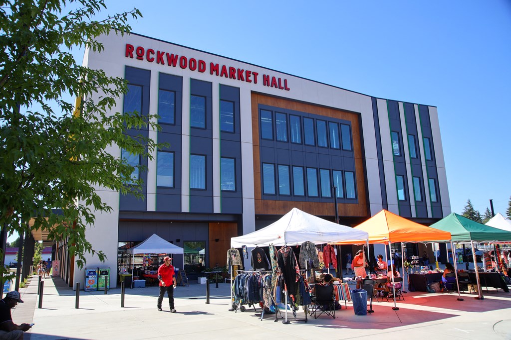 View of Rockwood Market Hall at AVIVA Apartments in Gresham Oregon