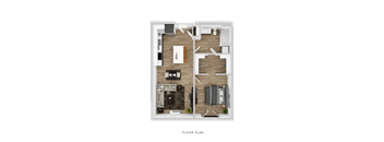A floor plan of a small apartment with a living room, kitchen, and two bedrooms.