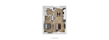 A floor plan of a house with a living room, kitchen, and two bedrooms.