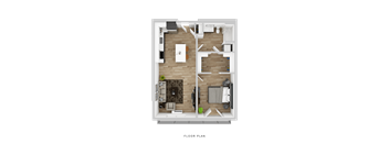 A floor plan of a house with a living room, kitchen, and two bedrooms.