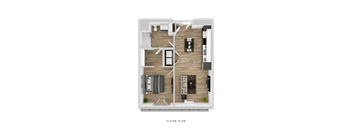 A floor plan of a house with a living room, kitchen, and two bedrooms.