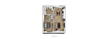 A floor plan of a house with a living room, kitchen, and two bedrooms.