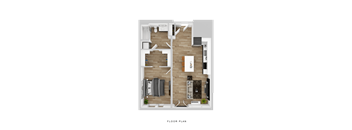 A floor plan of a house with a kitchen, living room, and two bedrooms.