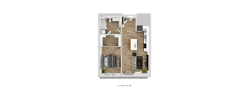 A floor plan of a small apartment with a kitchen, living room, and two bedrooms.