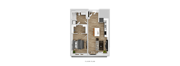 A floor plan of a house with a kitchen, living room, and two bedrooms.