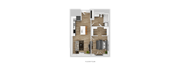 A floor plan of a small apartment with a living room, kitchen, and two bedrooms.