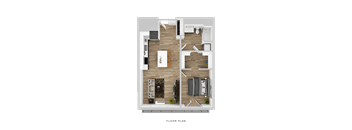 A floor plan of a small apartment with a living room, kitchen, and bedroom.