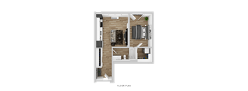 A floor plan of a small apartment with a living room, kitchen, and bathroom.