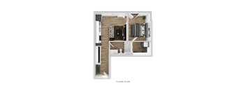 A floor plan of a small apartment with a kitchen, living room, and bathroom.