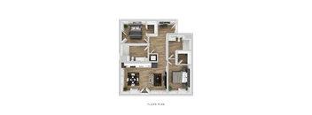 A floor plan of a house with a living room, kitchen, dining room, and bedrooms.