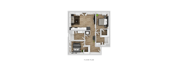 A floor plan of a small apartment with a living room, kitchen, and two bedrooms.