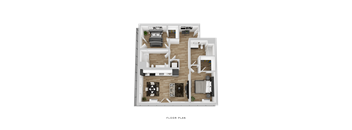 A floor plan of a house with a kitchen, living room, and two bedrooms.