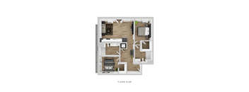 A floor plan of a house with a living room, kitchen, and two bedrooms.