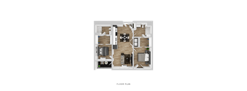 A floor plan of a house with a kitchen, living room, and two bedrooms.