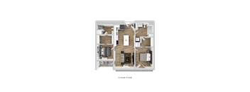 A floor plan of a house with a kitchen, living room, and two bedrooms.