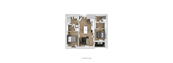 A floor plan of a house with a kitchen, living room, and bedrooms.
