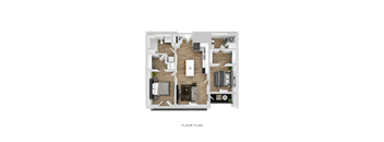 A floor plan of a house with a kitchen, living room, and two bedrooms.