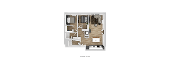 A floor plan of a house with a kitchen, living room, and bathroom.
