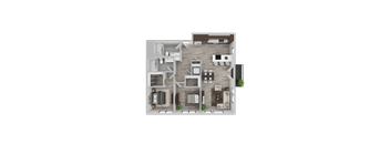 A 3D floor plan of a house with a kitchen, living room, and two bedrooms.