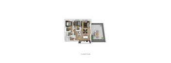 A floor plan of a house with a kitchen, living room, and two bedrooms.