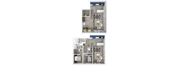 A set of three images showing different layouts of a room with a bed, a desk, and a chair.